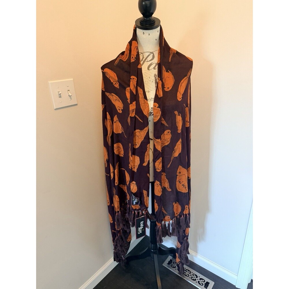 NWT Rara Avis Iris Apfel Orange Birds Tassels Fringe Wrap Shawl Scarf Rare New